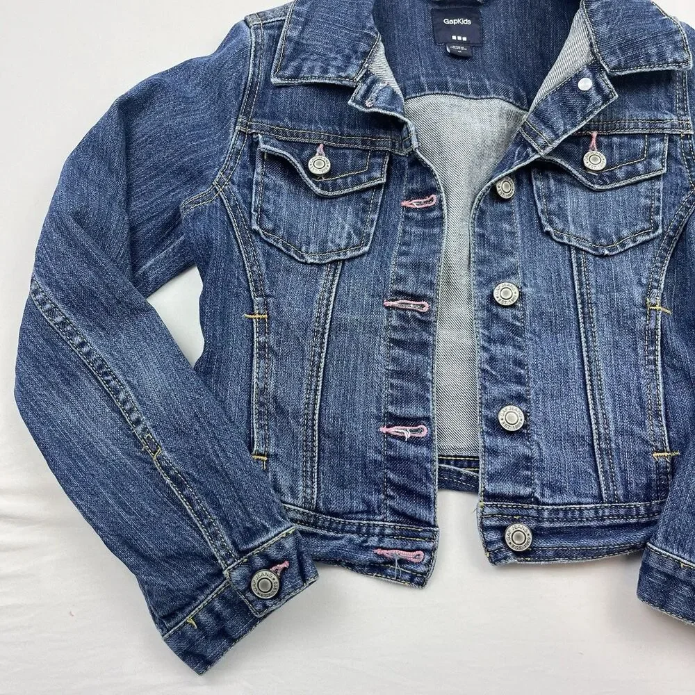 GapKids Girls Medium 8 Blue Denim Jean Jacket Pink Contrast Trim Accent Button